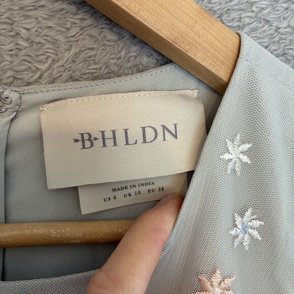 BHLDN Parsons Dress Midi Sz 6 Light Gray Floral Embroidered Mesh Fairy Wedding - Picture 5 of 15